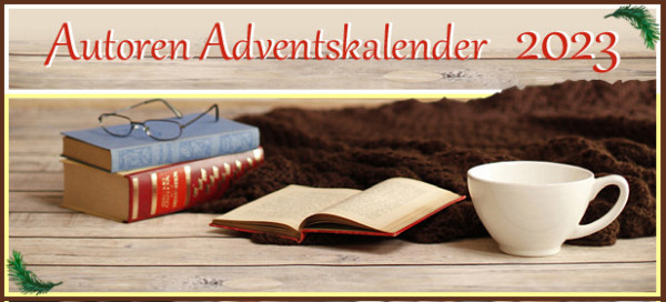 Bücher mit Tasse,  Brille, Decke, Tannenzweige auf gemütlichem Holzgrund. Titel: Autoren Adventskalender 2023