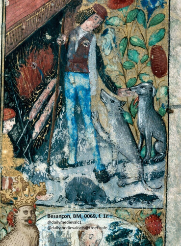 Picture from a medieval manuscript: Two dogs look up at a man, a cat looks after a mouse