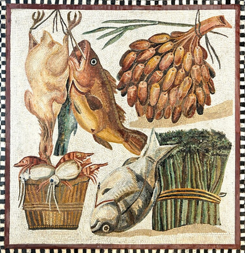 A square mosaic with a black and white checked border plus an internal brown border. The background is white. On display are two fish, a bird, some sealife, fruit (maybe dates) and a green vegetable tied in a bundle.