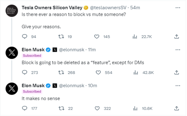 A tweet from Elon Musk stating that "Block is going to be deleted as a "feature". except for DMs."