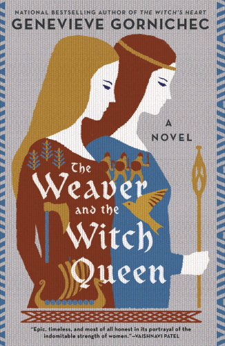 Cover of the Weaver and the Witch Queen. The entire image looks like woven cloth. Two women are looking to the right, one with red hair wearing a blue dress, one with gold hair wearing a red dress. 