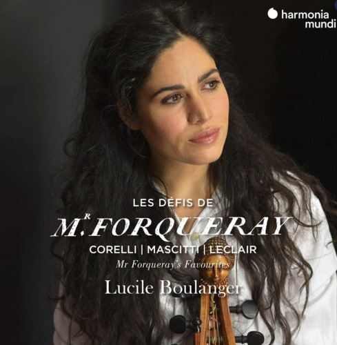 Album cover: Lucile Boulanger looking over, wearing a white top and holding her viola da gamba, though we only see the top of it. Lucile has long dark hair. 