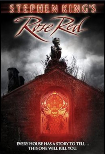 Movie poster for Rose Red which shows a part of a house with a demonic cherub atop the roof and a window with a menacing red light emanating from it