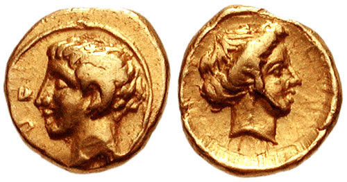 Golden coin with one side depicting a young man with the horns of a ram and the other a woman with a crown.
