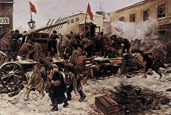 The barricades of Presnya, 1905. Black-and-white photo of a [preparatory sketch?] painting by Ivan Vladimirov (ru:Владимиров, Иван Алексеевич, 1870-1947) depicting the December, 1905 rising in Presnya district of Moscow. Collection of Moscow Museum of Modern History (former Revolution museum). Attribution: [1] (the year 1955 refers to the date on the negative, not the painting. Note the painting is similar but not identical to the photograph, potentially indicating this was a sketch for the same painting.) Description by the Imperial War Museum: Barricades erected by police in Moscow during the Russian Revolution of 1905. The barricades were erected during fierce street fighting with revolutionaries who refused to accept the Tsar's October Manifesto of October 1905. The Manifesto permitted the establishment of a constitution, and a legislative Duma, with a Prime Minister. The Soviet rejected this concession and fierce street-fighting took place in Moscow from 22 December 1905 to 1 January 1906. By Ivan Vladimirov - http://media.iwm.org.uk/iwm/mediaLib//27/media-27192/large.jpgThis photograph Q 81555 comes from the collections of the Imperial War Museums., Public Domain, https://commons.wikimedia.org/w/index.php?curid=24290657