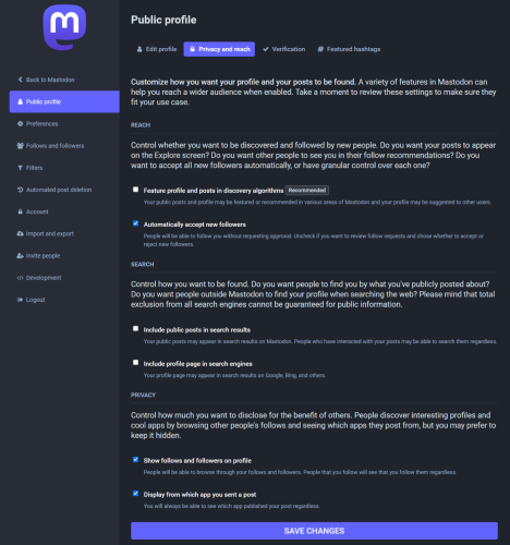 The Public Profile Page of the impending 4.2.0 Mastodon Release. New options are available. The page is pretty wordy, so I'm not going to include the full text.
