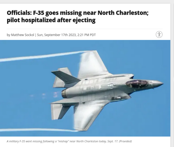 File pictures of a very fast F-35 plane, along with the headline: "Officials: F-35 goes missing near North Charleston; pilot hospitalized after ejecting"