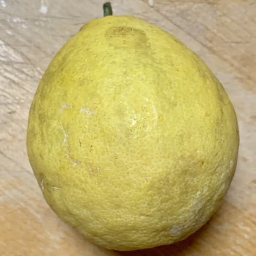 A round yellow fruit that is slightly pointed at the green stem. It is laying on a wooden countertop. It is smaller and rounder than a standard grapefruit. 