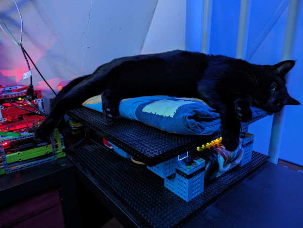Deathwing the blackcat, sleeping on an elevated catbed made of lego with a network switch onder it. And kubernetes raspberrypi nodes to the left in lego enclosures.