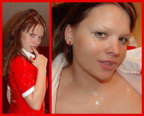Collage aus 2 Bildern. das linke ich halte unschuldig meinen Finger am Mund in einem roten Krankenschwester Lack Dress.
Recht, habe ich Sperma im Gesicht und Hals.