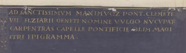 a dedication epigram in gold on purple in roman capitols. 