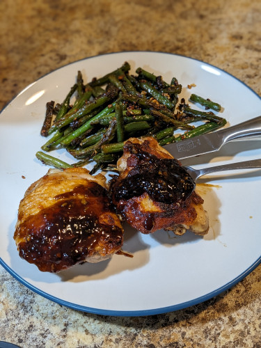 Crisp-skin Bourbon Chicken,  Sauteed Green Beans with Garlic and Herbs 
