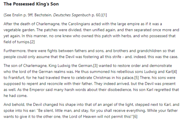 Part 1 of German folk tale "The Possessed King’s Son". Drop me a line if you want a machine-readable transcript!