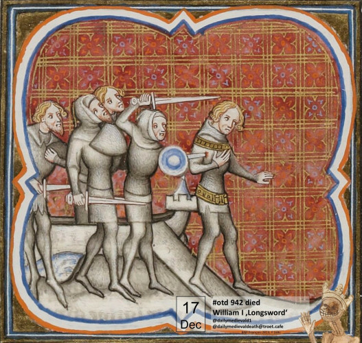 In the center of the picture stands William in armor with gold ornaments. He is attacked from behind by a group of four men in armor with swords.