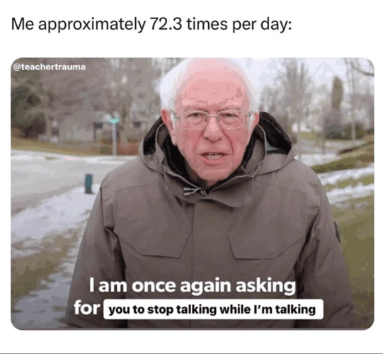 Bernie Sanders meme:
Caption: 'Me approximately 72.3 times a day'
Bernie: I am once again asking for you to STOP TALKING WHILE IM TALKING 