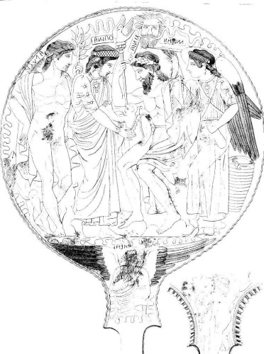 Etruscan mirror case depicting the birth of Flufluns from the thigh of Tinia. A goddess receives the tiny god. Behind her, Aplu (equated with Apollo) watches the scene. Behind Tinia, a winged goddess watches as well.