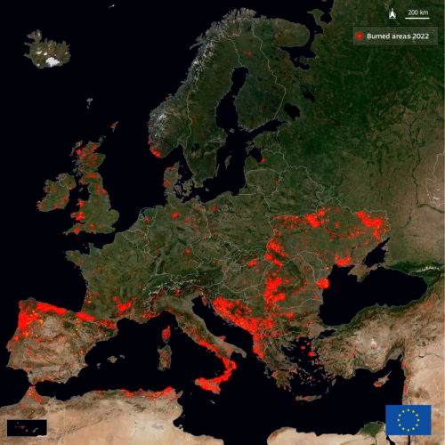 A satellite map of Europe, Northern Africa and the Middle East showing in red burned areas in 2022. 

In the top-right corner, the scale of the map and the legend. At the bottom the logo of the EU. 