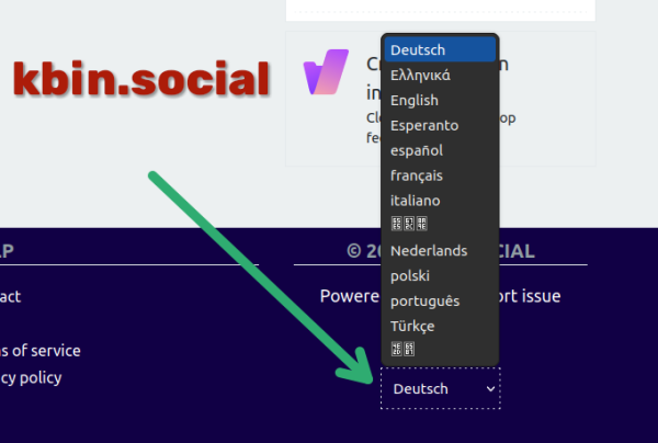 kbin screenshot showing language selector missing some languages that already have been translated many months ago in codeberg translation platform