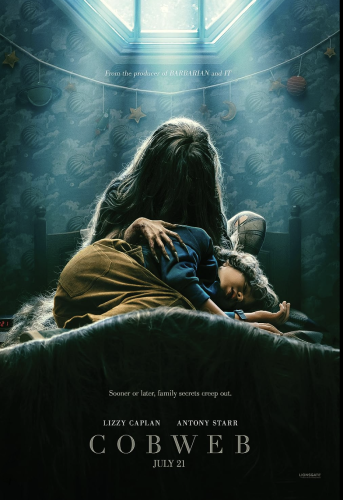 Poster for Cobweb movie: a boy is laying on a bed while a shadowy figure perches menacingly behind him with its arm touching the boys side.
