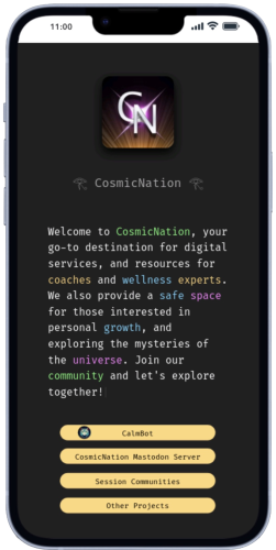 Rendering of an iPhone14 with the CosmicNation homepage on the display.