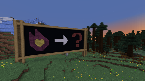 A Minecraft screenshot taken in plains biome. On the left-center part of the image there is a large banner built from various blocks depicting a logo of Fandom (company) with arrow pointing right (away from the logo) towards a question mark. Taiga biome is seen in the background with sunset behind it.

Image kindly contributed by our editor and German Minecraft Wiki administrator violine1101.