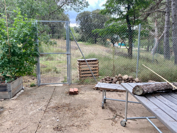 Ugly chain-link fence and gate, behind which is a relatively flat, sunny Shangri-La that will house my future vegetable garden. In the far background, our closest neighbors’ houses behind trees. 