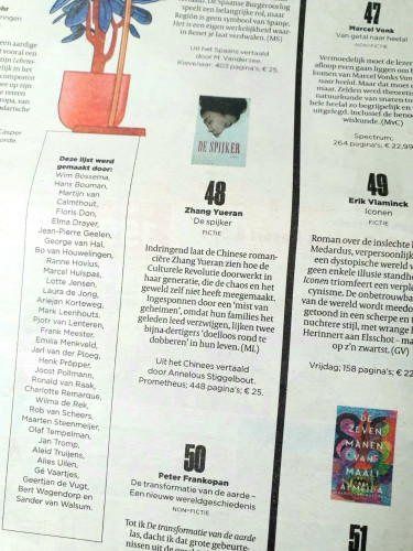 Foto van de Volkskrant van vandaag, met daarin nr 48 in de lijst met beste boeken van het jaar: De spijker.