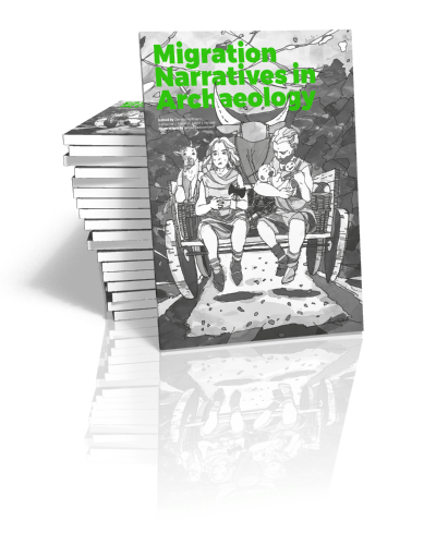 A stack of books against a white background. A book stands in front of it. The cover shows a black and white drawing and in bright green the writing "Migration Narratives in Archaeology".