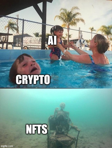 Swimming pool with drowning child meme where the happy child held up by the adult is labelled "AI", the drowning child is labelled "crypto" and an added panel below of a skeleton on the sea floor is labelled "NFTs".