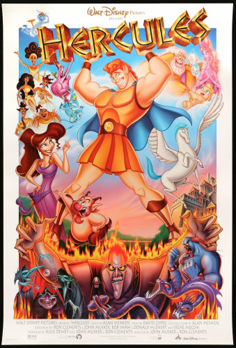 Poster for Disney’s Hercules showing a cartoon hero lifting his name as the title of film. He’s surrounded by a cast of characters including an angry Hades, the woman who challenges him Megara, and his childhood friend Pegasus.