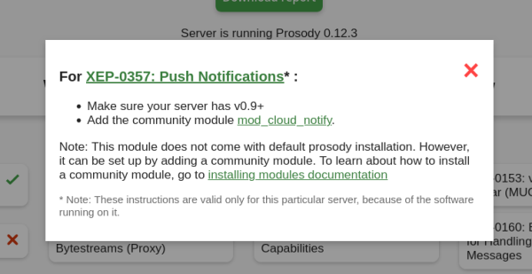 XMPP Server tester website showing information about XEP-0357 (Push Notifications):

For XEP-0357: Push Notifications* :

    Make sure your server has v0.9+
    Add the community module mod_cloud_notify.

Note: This module does not come with default prosody installation. However, it can be set up by adding a community module. To learn about how to install a community module, go to installing modules documentation

Note: These instructions are valid only for this particular server, because of the software running on it. 