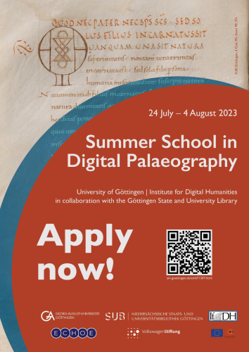Poster for Göttingen Summer School in Digital Palaeography, 24 July-4 August 2023. 