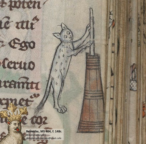 Picture from a medieval manuscript: A cat churning butter