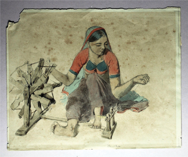 Image is a drawing, taken from the linked article, which shows a young Indian woman at a traditional spinning wheel.