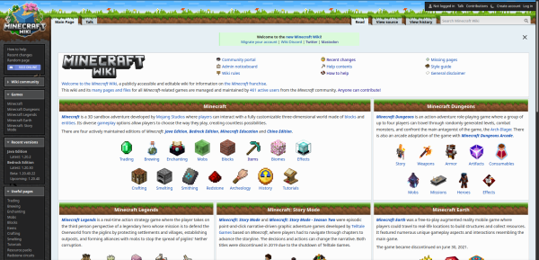 A screenshot of main page for forked Minecraft Wiki. It shows refreshed looks of Minecraft Wiki after many visual changes from Fandom wiki.