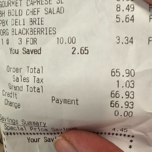 bill showing total of $66.93