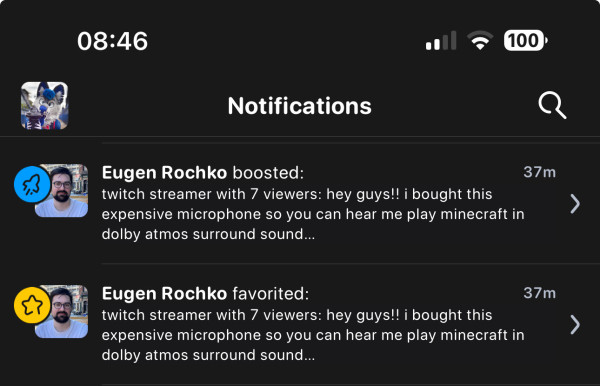screenshot showing that my toot about train announcement sound quality was faved and boosted by Eugen Rochko (Gargron)