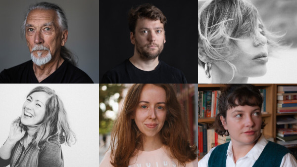 Portraits of the contributors for Fictionable's Autumn 2023 issue, from top left to bottom right: M John Harrison, Seán Padraic Birnie, Irena Karpa, Shauna Mackay and Catriona Bolt.