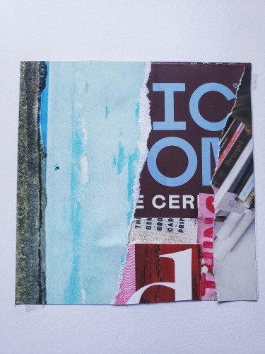 Torn and cut magazine pages arranged into a collage square
