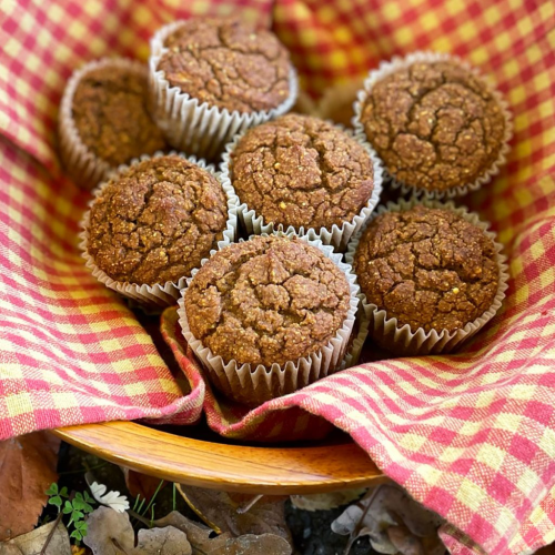 Pumpkin muffins on a red checkered cloth in a wooden bowl.