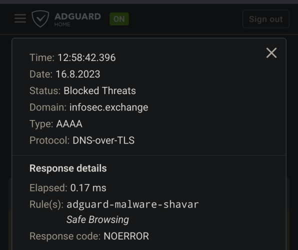 A screenshot of the blocked DNS request showing rule that caused the block and category (safe browsing)