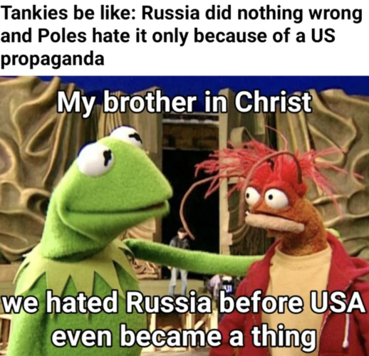 
Muppets Kermit and Pepe facing each other with the Text:


Tankies be like: Russia did nothing wrong and Poles hate it only because of a US propaganda.

  My, brother in Christ we hated Russia before USA even became a thing 