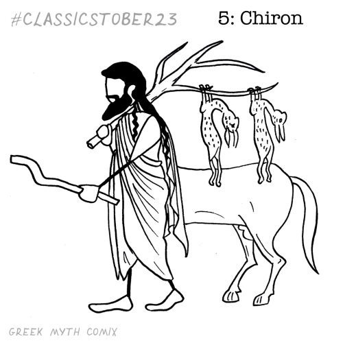 A lineart drawing of Chiron the centaur with a haul of rabbits in a stick, and a club.
