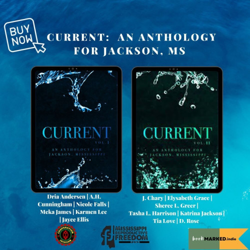Two e-readers showing the covers for both volumes of the Current Anthology, with the names of the contributing authors and the logos of the two organizations benefiting from the fundraising.