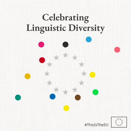 A visual with the 12 stars of the EU flag and coloured circles depicting linguistic diversity.

On top is the text "Celebrating Linguistic Diversity."