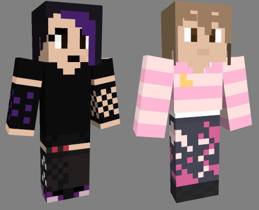 Two Minecraft skins. The left one is of Lucy. The right one is of a brown-haired girl wearing a pink-striped crop-sweater and gray pink-paint-splattered pants.