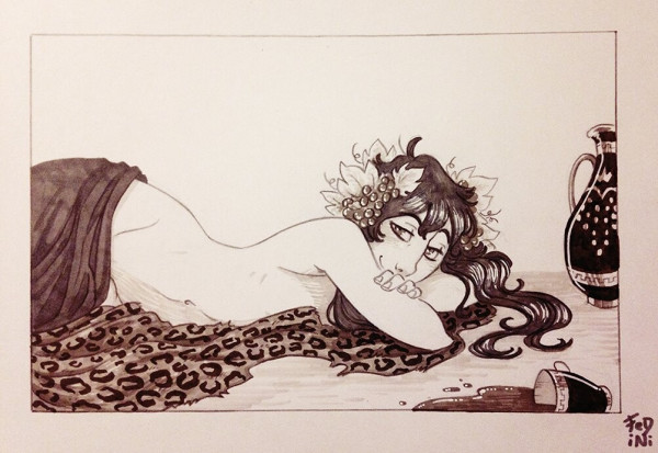Art of Dionysos of ambiguous gender by Italian artist Fedini.
The god lies on a leopard skin, his hips covered by a himation, lying on his chest so no primary nor secondary sex characteristics can be seen. He looks at the viewer, a flirty, sensual smirk on his face.