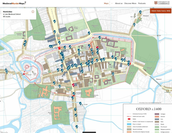 Map of Oxford c.1400 from the Historic Towns Trust, marked with the 14th century murder sites by the Medieval Murder Maps project: a screenshot from their website.