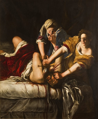 A chiaroscuro painting showing Judith, in a yellow dress, cutting Holofernes’s head off. It’s visibly hard work and she’s concentrating, a resolute look on her face. Her servant wears a white turban-like bonnet and is giving her a hand. She’s anything but reluctant. Both have rolled up their sleeves. Holofernes has a beard and dirty long hair, and is is laying on his back on a bed, his left knee bent and his head hanging off to the side, towards the viewer. He’s only covered by a blood-red blanket over a white sheet, from his thigh to his underarm. It seems he just got woken up and is all WTF about the whole situation. He’s trying to push the servant away but she’s like, oh no you don’t, while Judith presses down HARD on his head to keep him put. The sword she’s using is cutting through his neck, and thin lines of blood run over the sheet. The two ladies don’t care: they have a job to do and they’re quite intent on doing it! Heck yeah!