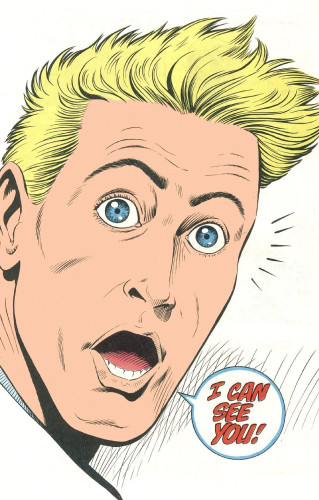 Illustration of a comic book character looking at the reader, saying "I can see you!"